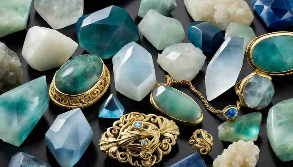Moonstone, Larimar, Jade, Azurite, and Chrysoberyl Crystals