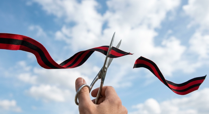  cutting a black and red ribbon floating in the sky