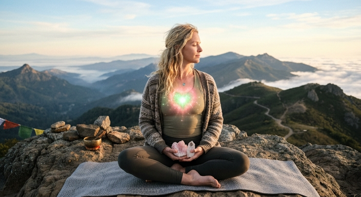 a woman sitting in mediation with a radiant heart chakra, holding crystals
