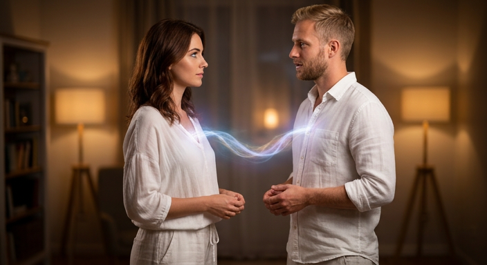 an ethirc cord of attachment between two people facing each other, man and woman,